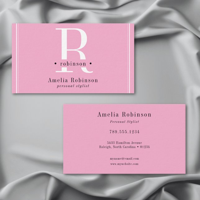 Elegantes Berufliches Monogramm Rosa Schwarz & Wei Visitenkarte (Elegant Professional Monogram Pink Black & White Business Card)