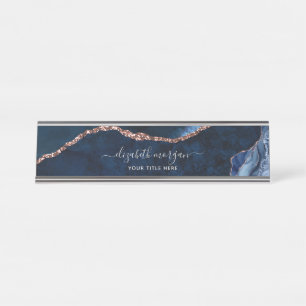Elegantes Berufliches Navy Blue Rose Gold Agate Schreibtischnamensplakette