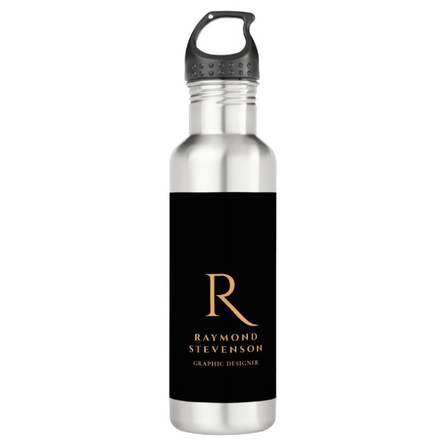 Elegantes Berufliches Schwarzes Gold Mit Monogramm Edelstahlflasche (Vorderseite)