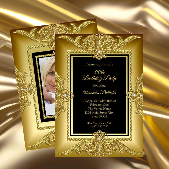 Elegantes Birthday Foto Black Gold Golden Frame Einladung (Von Creator hochgeladen)