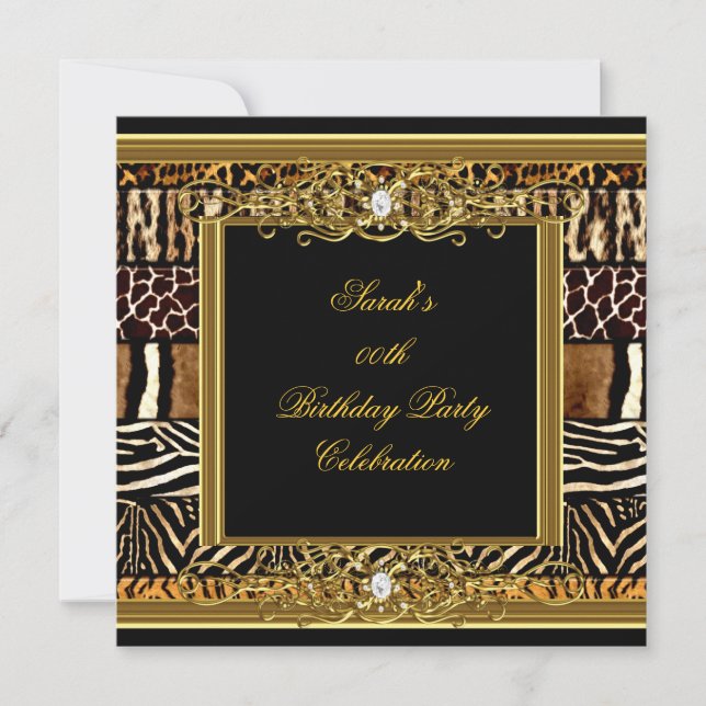 Elegantes Birthday Party Black Gold Mixed Animal Einladung (Vorderseite)
