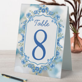 Elegantes Biue & White Overlay Foto Blume Hochzeit Tischaufsteller