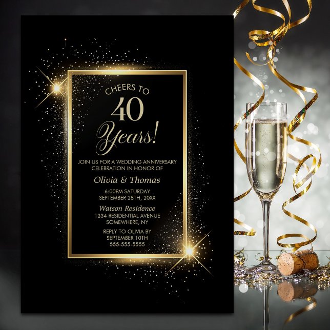 Elegantes Black and Gold 40 Jahre Hochzeit Einladung (Von Creator hochgeladen)