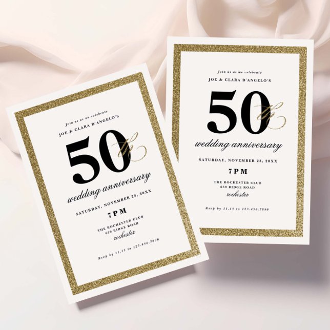 Elegantes Black and Gold 50. Hochzeitstag Einladung (Elegant black and gold glitter milestone wedding anniversary invitations.)