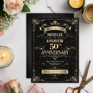 Elegantes Black and Gold 50 Jahre Hochzeit Einladung