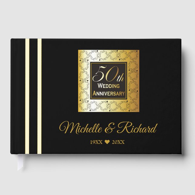 Elegantes Black and Gold 50-jähriges Foto Gästebuch (Vorderseite)