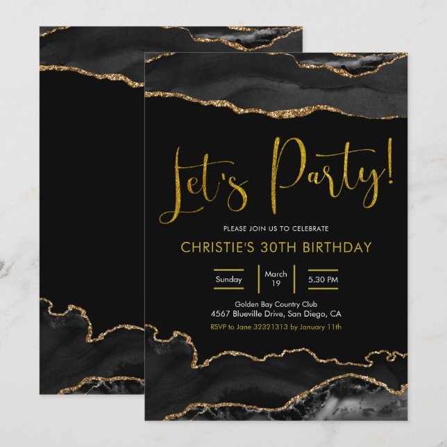 Elegantes Black and Gold Agate Let's Party Einladung (Vorne/Hinten)