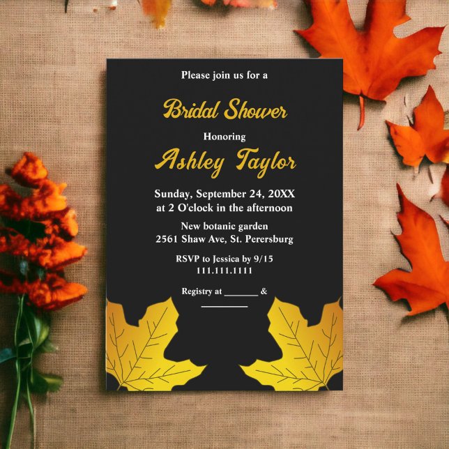 Elegantes Black and Gold Blätter fallen Brautparty Einladung (Von Creator hochgeladen)
