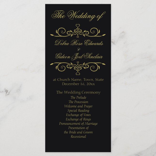 Elegantes Black and Gold Blüh-Hochzeitsprogramm Programm (Vorderseite)