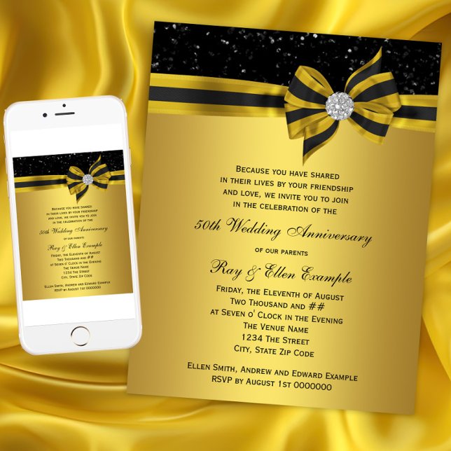 Elegantes Black and Gold Bow 50-jähriges Party Einladung (Elegant Black and Gold Bow 50th Anniversary Party Invitation. Instant download and printed.)