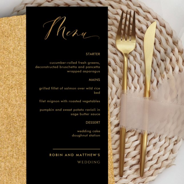 Elegantes Black and Gold Calligraphy Wedding Menu Menükarte (Von Creator hochgeladen)
