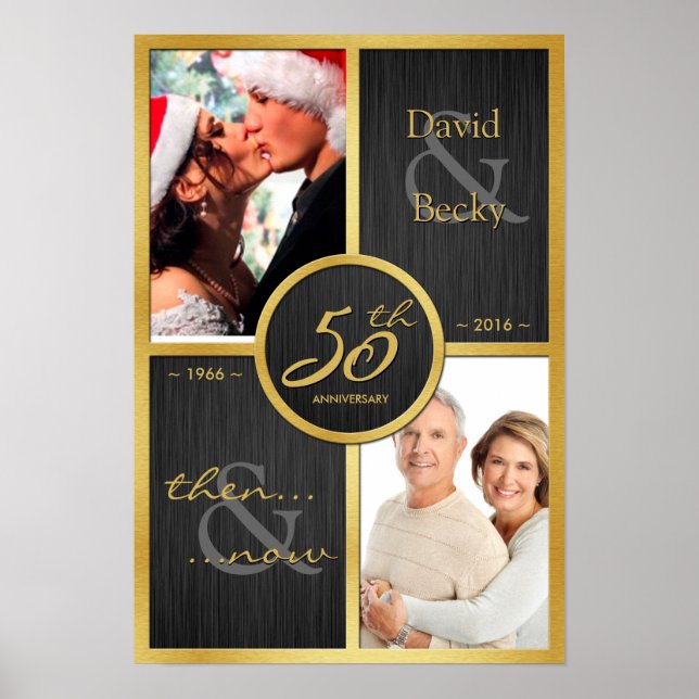 Elegantes Black and Gold Dann & Jetzt 50 Jahre alt Poster (Vorne)
