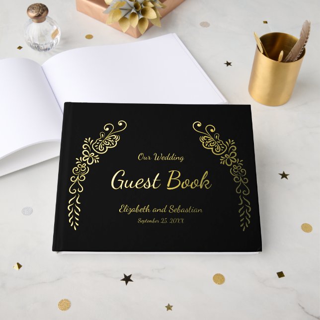 Elegantes Black and Gold Foto Hochzeit Gästebuch (Vorderseite offen)