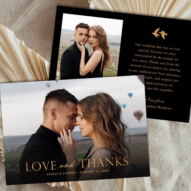 Elegantes Black and Gold Foto Hochzeit | Vögel Dankeskarte (Von Creator hochgeladen)