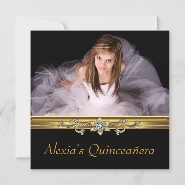 Elegantes Black and Gold Foto Quinceanera Einladung (Vorderseite)