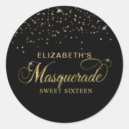 Elegantes Black and Gold Glitzer Masquerade Party Runder Aufkleber
