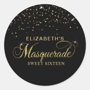 Elegantes Black and Gold Glitzer Masquerade Party Runder Aufkleber