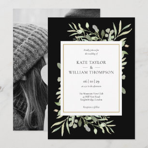 Elegantes Black and Gold Greenerity Foto Hochzeit Einladung