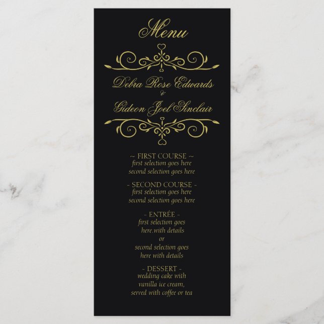 Elegantes Black and Gold Heart Blüh Wedding Menu Menükarte (Vorderseite)