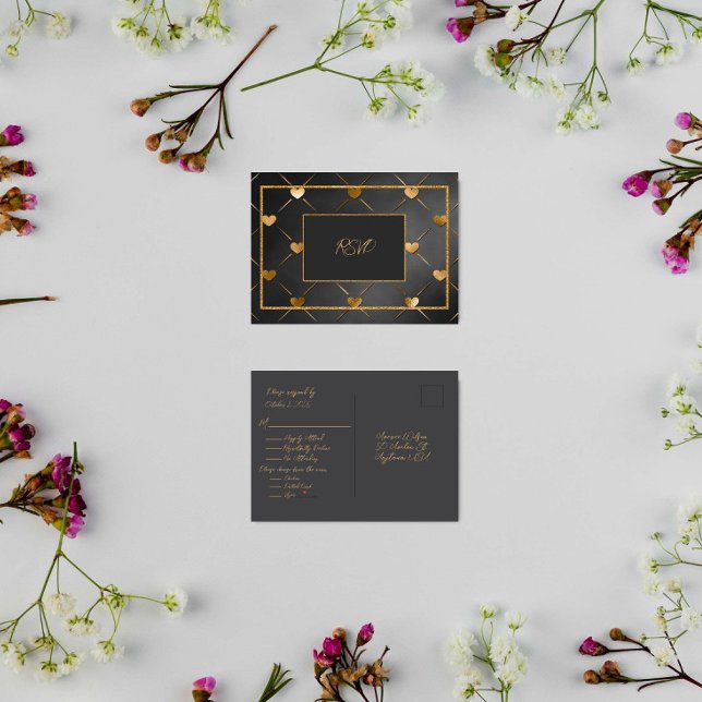Elegantes Black and Gold Hearts UAWG Einladungspostkarte (Von Creator hochgeladen)