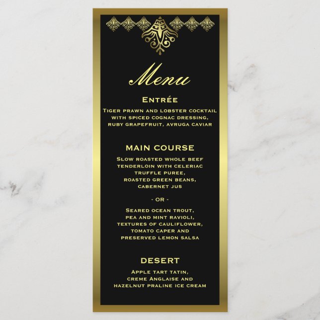 Elegantes Black and Gold Hochzeitmenü Menükarte (Vorderseite)