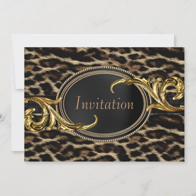 Elegantes Black and Gold Leopard Party Einladung (Vorderseite)