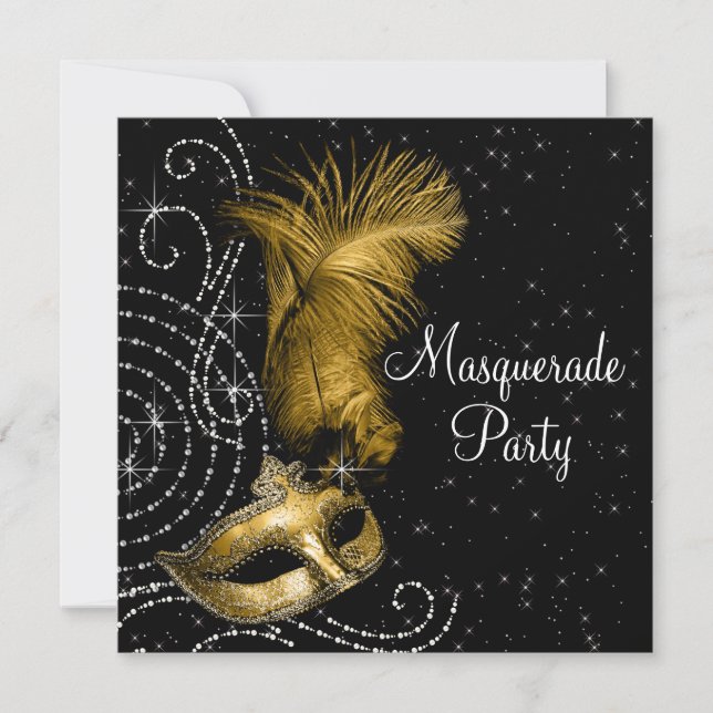Elegantes Black and Gold Masquerade Party Einladung (Vorderseite)