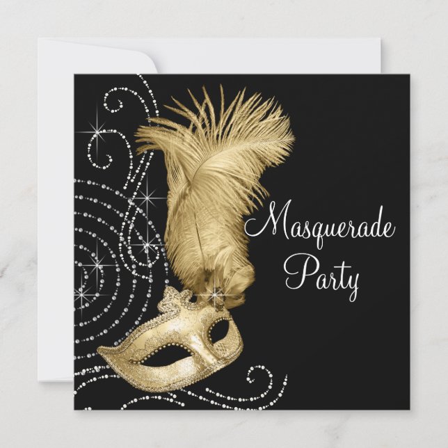 Elegantes Black and Gold Masquerade Party Einladung (Vorderseite)