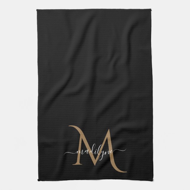 Elegantes Black and Gold Monogram Script Name Kit Geschirrtuch (Vertikal)
