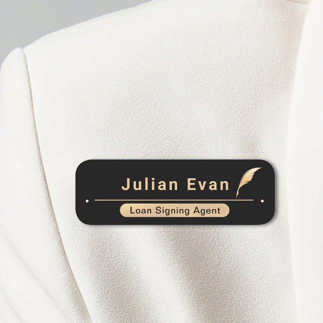Elegantes Black and Gold Notary Public Quill Icon Namensschild (Von Creator hochgeladen)