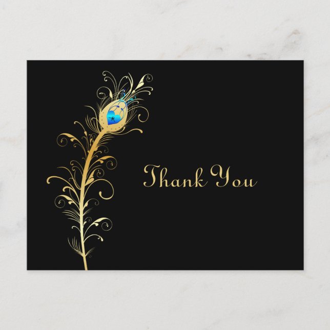 Elegantes Black and Gold Peacock Feather Vielen Da Postkarte (Vorderseite)
