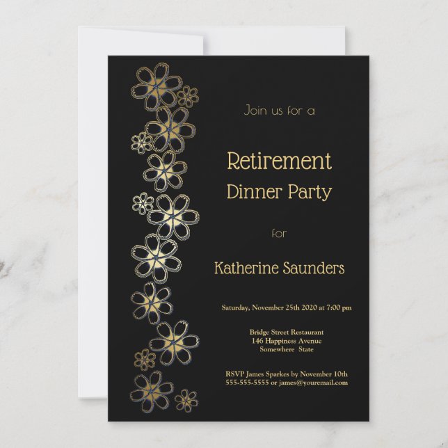 Elegantes Black and Gold Rentirement Dinner Party Einladung (Vorderseite)