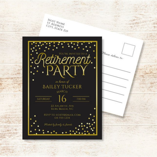 Elegantes Black and Gold Retirement Party Einladungspostkarte (Von Creator hochgeladen)