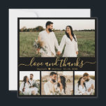 Elegantes Black and Gold Script Foto Hochzeit Dankeskarte<br><div class="desc">Elegantes Schwarz und Gold "Liebe und Dank" Script 4 Foto Collage Wedding Dankeschön Karte. Stilvoll, modern, minimalistisch Hochzeitskarte danke Ihnen die Vorlage mit vier (4) Foto auf der Vorderseite und ein (1) Foto auf der Rückseite. Mit dem Text "Liebe und Dank" in einer Wirblen Hand Schriftzeichen Swash-Schwanz Schriftart in Gold...</div>