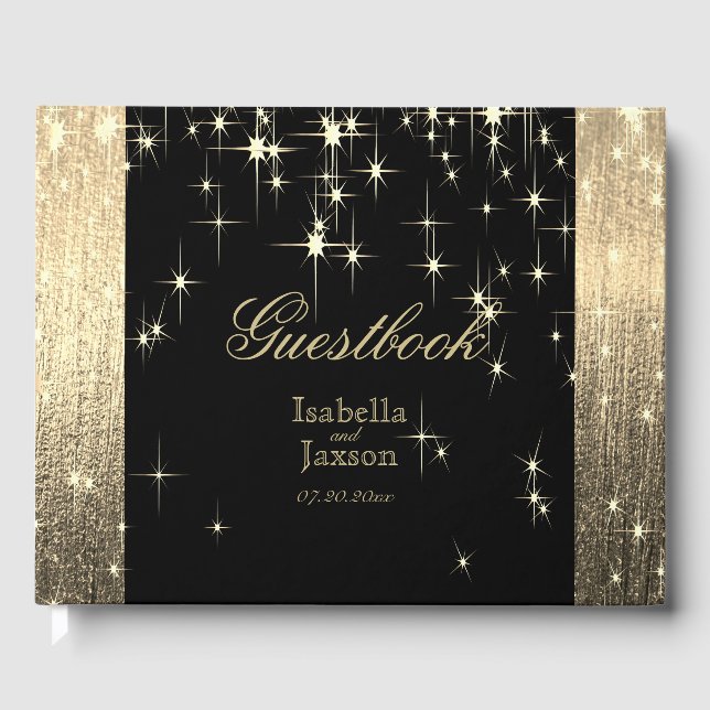 Elegantes Black and Gold Starlights Gästebuch (Vorderseite)