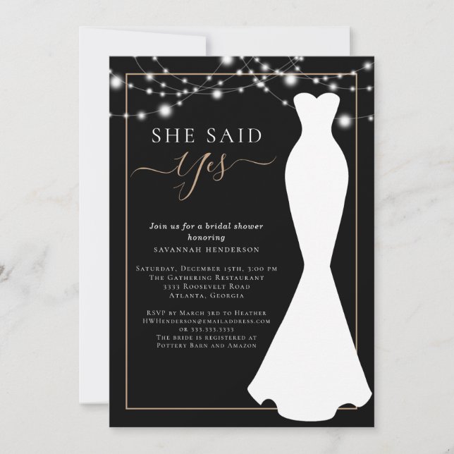 Elegantes Black and Gold Wedding Dress Brautparty Einladung (Vorderseite)