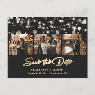 Elegantes Black and Gold Wedding Foto Save the Dat Ankündigungspostkarte