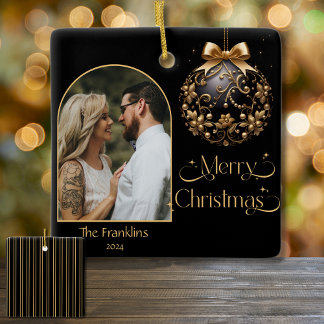 Elegantes Black and Gold Weihnachts-Foto Keramikornament