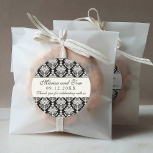 Elegantes Black and Ivory Damask Wedding Monogram Runder Aufkleber