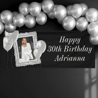 Elegantes Black and Silver Foto & Balloons Geburts Banner
