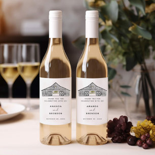 Elegantes Black and White Barn Wedding Wine Label Weinetikett