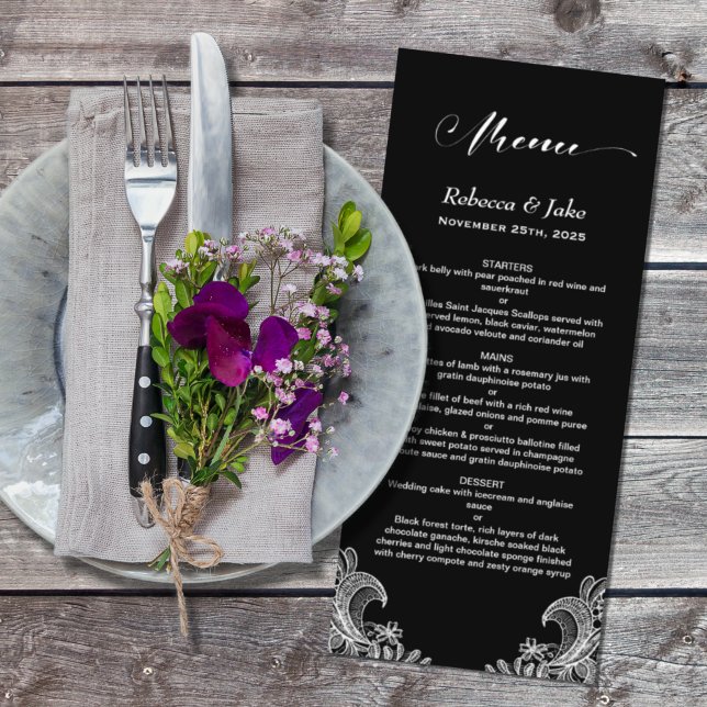 Elegantes Black and White Lace Wedding Menu Menükarte (Von Creator hochgeladen)