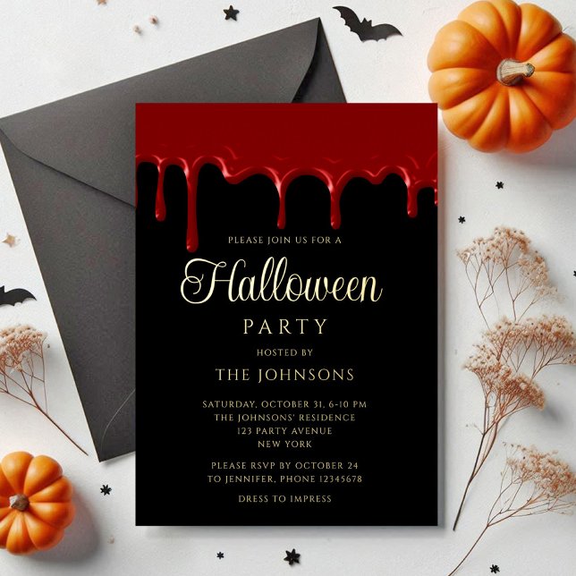Elegantes Black Blood Dripping Halloween Gold Folieneinladung (Elegant Black Blood Dripping Halloween Gold Foil Invitation)