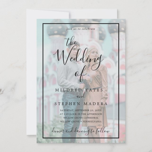 Elegantes Black Border Vellum Effect Foto Hochzeit Einladung (Vorderseite)