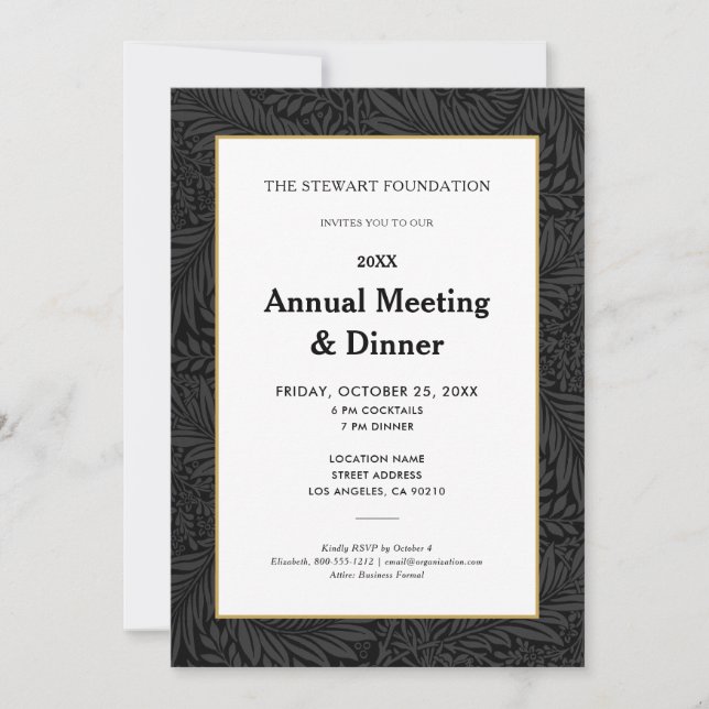 Elegantes Black Botanical Annual Business Dinner Einladung (Vorderseite)