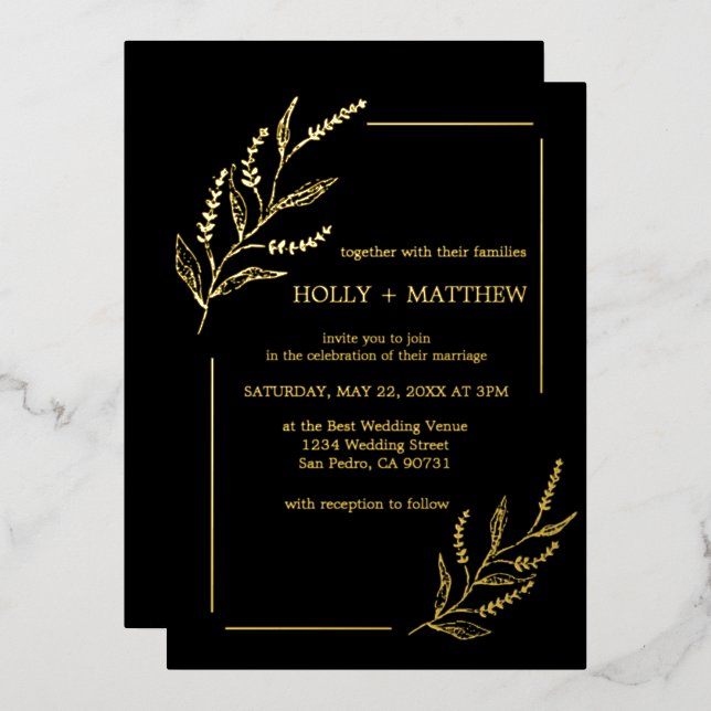 Elegantes Black Botanical Wedding Real Gold Folieneinladung (Vorderseite/Rückseite)