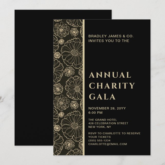Elegantes Black Botanical Wohltätigkeit Event Gala Einladung (Vorne/Hinten)