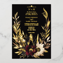 Elegantes Black Burgundy und Gold Floral Boho Folieneinladung