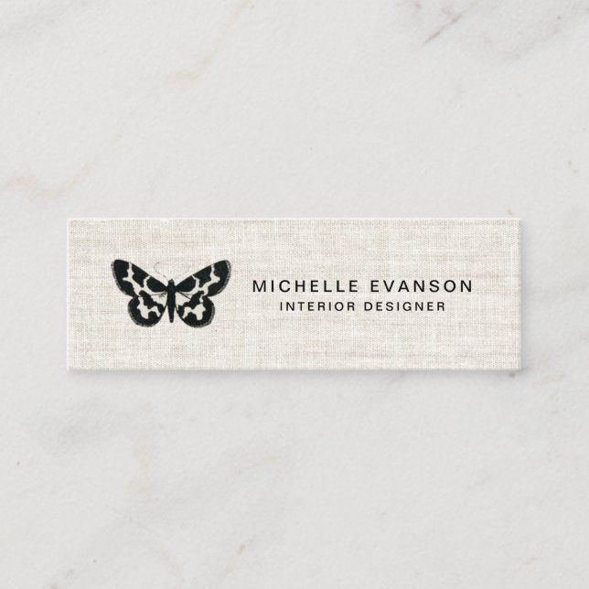 Elegantes Black Butterfly Logo Tan Linen Look Mini Visitenkarte (Vorderseite)