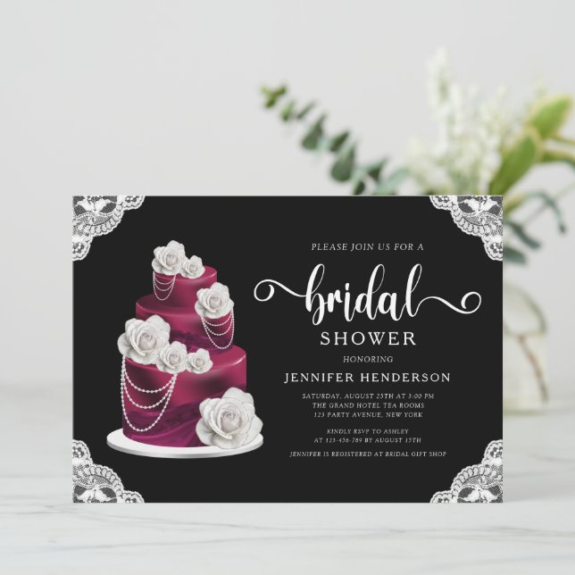 Elegantes Black Cake & Lace Brautparty Einladung (Stehend Vorderseite)